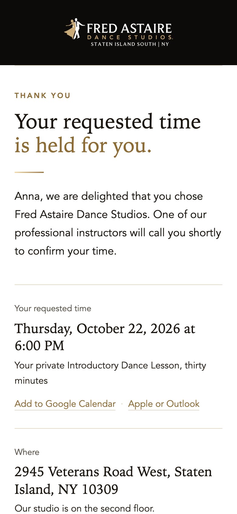 The confirmation email, test name Anna