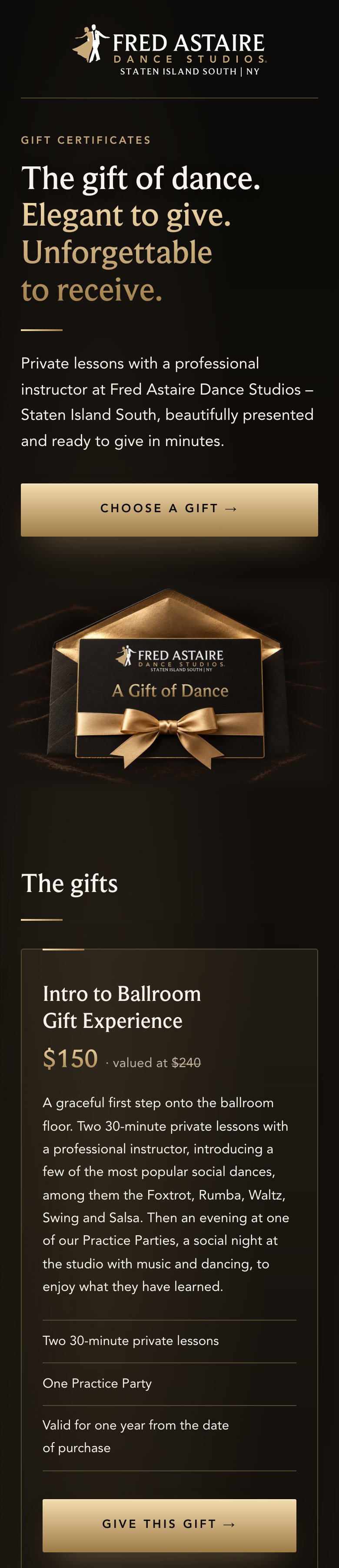 The studio's real gift certificate page